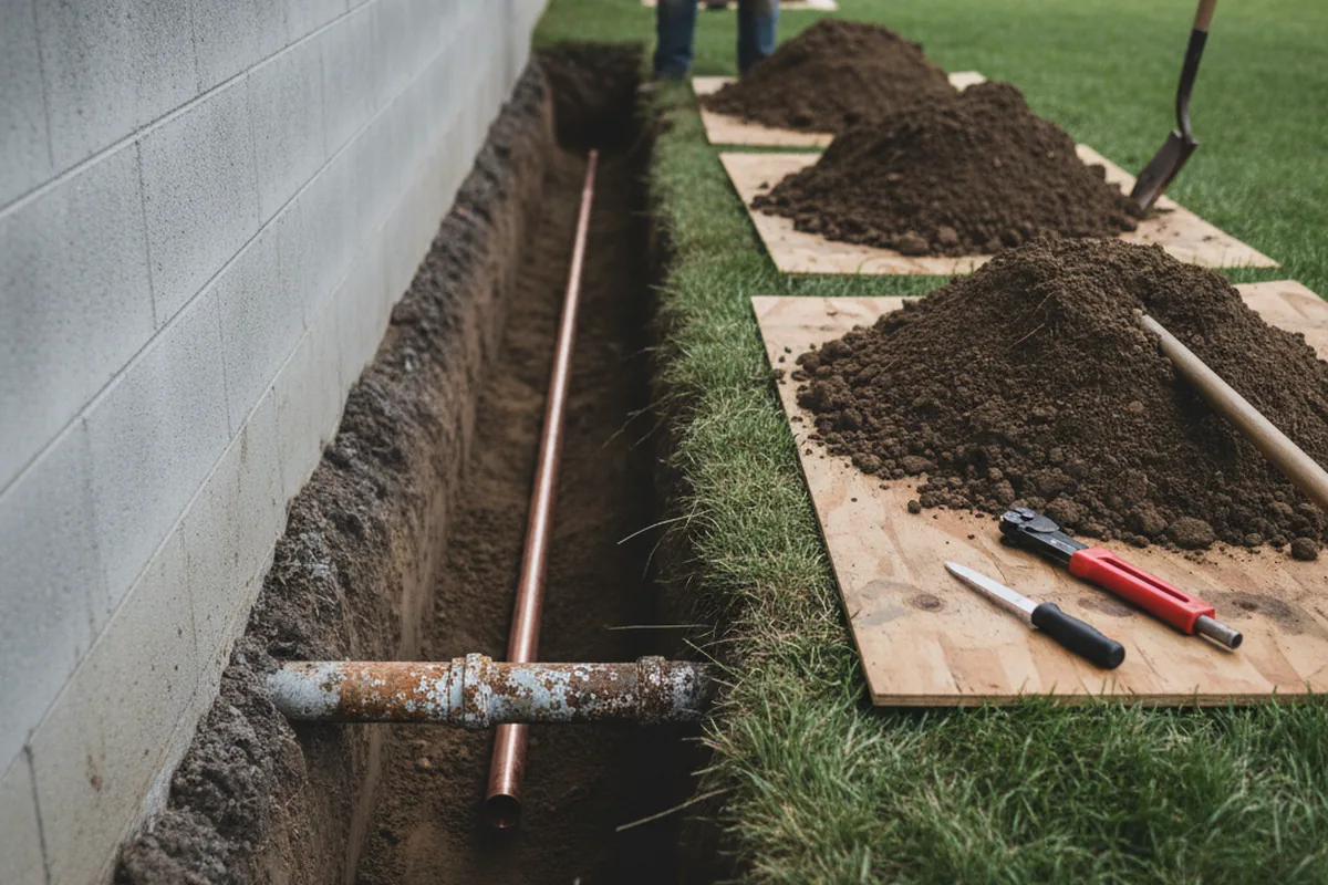 Excavated water line trench during Water Softener Installation in Bandana